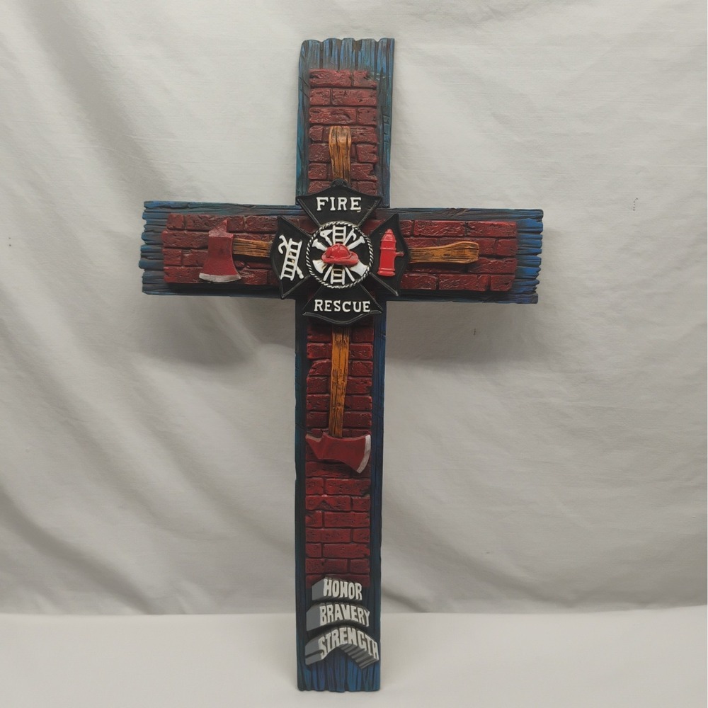 Heavy Firefighter Fire Rescue Honor Bravery Strength Red Blue Cross Wall Hanging